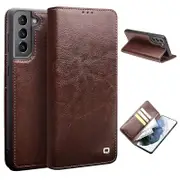 QIALINO Wallet Design Genuine Leather Folio Flip Stand Phone Case Cover for Samsung Galaxy S21 4G/5G