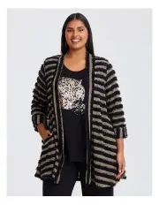 [Taking Shape] Stripe Fluffy Cardigan in Black Beige Stripe
