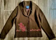 Eddie Bauer Womens 100% Lambs Wool Floral Embroidered Brown Sweater Cardigan M