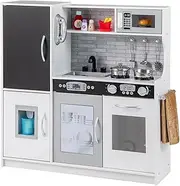 HONEY JOY Pretend Play Kitchen, Toddler Kitchen Playset w/Blackboard, Phone, Microwave, Ice Maker, Dishwasher & Oven, Wooden Kitchen Toy with Accessories & Simulated Sounds for Boys Girls 3-6 (Grey)