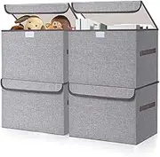 Large Quart Linen Fabric Foldable Storage Bin Cube Organizer Basket with Flip-Top Lid & Handles, 4PCS Clothes Blanket Box for Home, Office, Closet, Gray