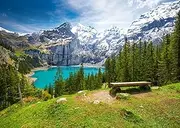 BELECO 7x5ft Fabric Mountain Lake Backdrop Alps Mountains Blue Lake Green Forest Pine Trees Nature Scenery Background Outdoor Hiking Camping Picnic Party Decorations Photo Studio Photography Props