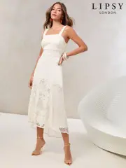 Lipsy Cream Premium Lace Insert Dropped Hem Fit And Flare Midi Dress (AV7076) | $360