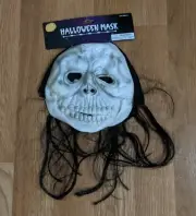 NWT Scary Halloween Mask White Skull Black Hair