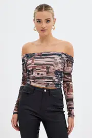 Brown Print Bardot Top Long Sleeve Off Shoulder Mesh Crop - Size S, Women's Top