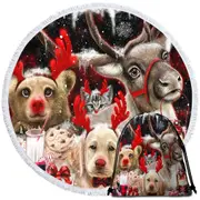 Funny Christmas Santas Reindeer Animals Round Beach Towel