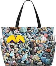 [Ghjkfbf] Stone Pattern Print Large Capacity Beach Travel Bag For Family, Beach Tote Bag For Women With Zipper Pockets, Black, One Size