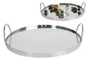 Round Mirror Decor Tray with Handles Bar & Drink 25cm Silver Metal Frame