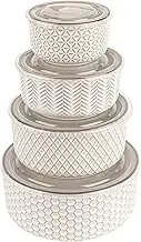KooK Ceramic Nesting Bowls with Lids, Embossed, Food Storage Containers, Kitchen Bowl Set, for Prep, Mixing and Serving, Microwave and Dishwasher Safe, Set of 4, Narbonne Collection