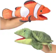 Turtle and Clownfish Sea Animal Hand Puppets - 2 Pack Soft Plush Toys with Movea