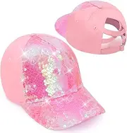 [Yseoul] Girls Glitter Baseball Cap Criss Cross Hat, Girl High Ponytail Hat - Kids Trucker Hat with High Bun Messy Ponytail(Ages5-15)