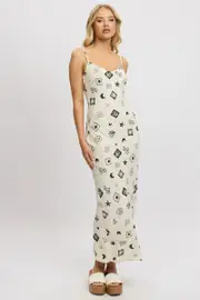 Beige Abstract Maxi Dress Bias Cut Linen Blend - Size 16, Women's Maxi Dress
