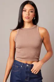 Brown Tank Top Crew Neck Seamless - Size XXS, Women's Tank