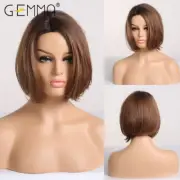 Pixie Cut Synthetic Short Straight Ombre Brown Wig Natural Part Heat Resistant