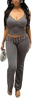 [RISCUYY] 2 Piece Sets for Women Casual Backless Halter Eye Button Tops and Pants Sleeveless Lounge Set