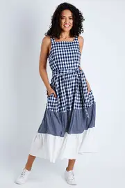 Check And Plain Combo Dress--THRE-38112