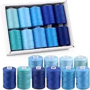 Swpeet 10Pcs 1000 Yards Blue Colors All Purpose Threads with Sewing Needles Kit, Handy Polyester Sewing Threads Embroidery Thread, Hand Sewing Needle Threaders Set for Crafters Lovers - 10 Colors
