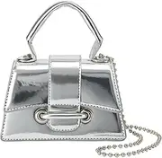 [Vellichor Europe] Mini Chrome Handbag for Women Small Metallic Shoulder Bag with Chain Strap Shiny PU Leather Crossbody Bag Y2K Futuristic Purse for Party Night Out Fashion Statement Accessory Silver