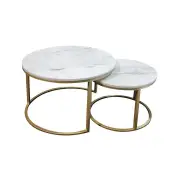 HomeStar Set of 2 Miller Nesting Round Marble Coffee Table Gold Frame - White