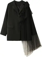 [Zadaos] Women Blazer Mesh Stitched Single Breasted Blazer Coat Ladies Long Suit Jacket