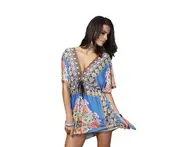 Women'S Deep V-Neck Bohemian Floral Print Beach Dress - Blue