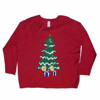 Holiday Time Women Plus Red Christmas Tree Holiday Sweater Pullover