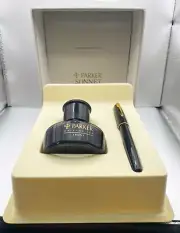 Parker Sonnet Black 18K Fountain Pen Inkwell Set France Gold Trim Box