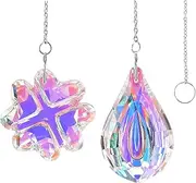 Libiline Pack of 2 Crystal Rainbow Suncatcher Set, Teardrop and Flower Prism Pendants with Chain, Iridescent (Leaf & Teardrop)