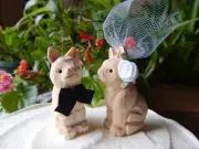 Cat Unpainted Cake Topper Bride Groom Love Wedding Engagement Wood Statue