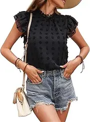 [Zylphorix] Women Jacquard Short Sleeved T-Shirt Round Neck Solid Color Chiffon Top Casual Swiss Dot Pom Pom Tees