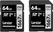 Lexar Professional 1667x SD Card 64GB 2-Pack, SDXC UHS-II Memory Card, Up to 250MB/s Read, 120MB/s Write, Class 10, U3, V60, for Professional Photographer, Videographer, Enthusiast (LSD1667064G-B2NAA)