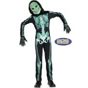 Skeleton Halloween Costume Child M 4-6 Black with Green Glow In The Dark 3 Pc