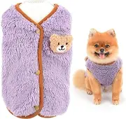 Fleece Dog Sweater for Small Dog, Solid Pet Vest with Bear Patch, Elastic Soft Outfits Puppy Warm Fall Winter Apparel Cat Clothes (Purple, L)
