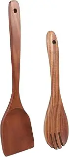 [SHOWERORO] 1 Set Wooden Salad Servers Spatula Fork Mixing Spoon Utensils for Cooking Serving Rustic Kitchen Tools with
