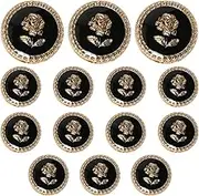 FMHXG 14pcs Vintage Rose Button 15mm Metal Enamel Suit Button Flower Buttons for Needlework Clothing Women Dress Coat Suit Cardigan Sewing Button, Black and Gold