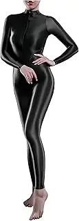 [Xinxin] Woman's Sheer Shiny Bodystocking yoga Lingerie High Neck Long Sleeve Zipper Crotch Bodysuit Catsuit
