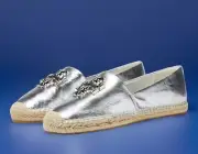 Tory Burch Eleanor T LOGO Leather Flat Metallic Silver 10.5 Shoe Espadrille AUTH