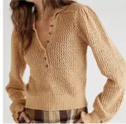 Free People Care FP Snowdrift Pullover Knit Sweater Camel Heather Sz S $138 NWT