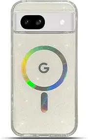 for Google Pixel 8A Case 6.1" Compatible with Magsafe Magnetic Bling Glitter Clear Shiny Sparkle Holographic Laser Luxury Military-Grade Shockproof Protect Soft Acrylic Phone Cover for Women