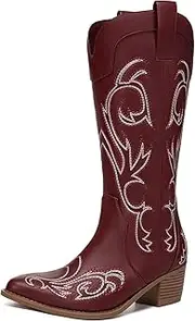 [Athlefit] Cowboy Boots for Women Western Cowgirl Boots Fashion Embroidered Pointed Toe Chunky Heel Mid Calf Boots