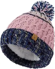 [Hebenie] Sahrch Winter Bobble Hat for Women - Thermal Fleece Lined Knitted Beanie Hats Ladies with Fur Pompom
