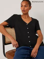 Monsoon Black Imogen Button Front Linen T-Shirt (H58531) | $104