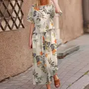 ZANZEA Plus Size Women Casual Floral Print Cotton Pantsuits, Vintage Printed Short Sleeve T-shirt & Wide Leg Pants Outfi