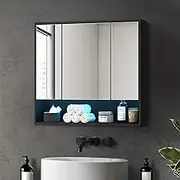 OIKITURE Bathroom Mirror Cabinet with 16 LED Lighted Colours, Bathroom Cabinet with Closed and Opened Wall Mount Storage Shelves, Cupboard Shower Mirror, Black, 90×75cm