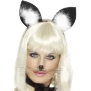 Womens Cat Ears Black with White Marabou Feather Trim Adult Size Halloween NEW