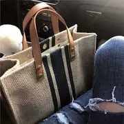 Striped Canvas Tote Bag Stripe - Navy Blue - One Size