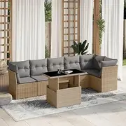 7 Piece Garden Sofa Set with Cushions Beige Poly Rattan Patio Bar Sets