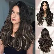 QUEENTAS 24 Inch Brown Wigs for Women Long Wave Curly Wig with Highlight Synthetic Hair Wig