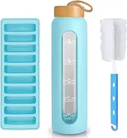 Sursip 32 oz Glass Water Bottle with Time Marker,1 Liter BPA-Free Reusable Motivational Water Bottle with Non-Slip Silicone Sleeve and Bamboo Lid, Ice Cube Tray, Leak-Proof, Dishwasher Safe