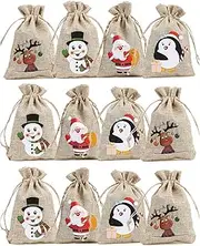 12pcs Christmas Linen Bags with Drawstrings Christmas Burlap Goody Gift Bags with Double Jute Drawstrings, 4 designs Snowman, Santa Claus, Penguin and Elk